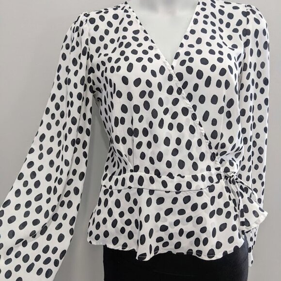 Blousology Black Polka Dot Long Sleeve Wrap Front Top | Size M - Picture 1 of 11